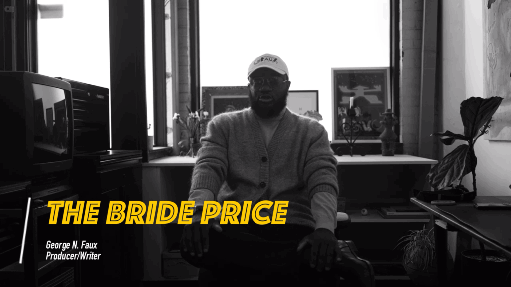 Man seated in office; "The Bride Price" overlay